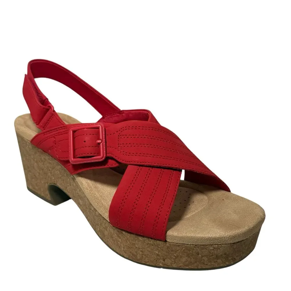 Clarks Collection Nerisa West Buckle Wedge Sandals Cherry Nubuck SZ/12 M